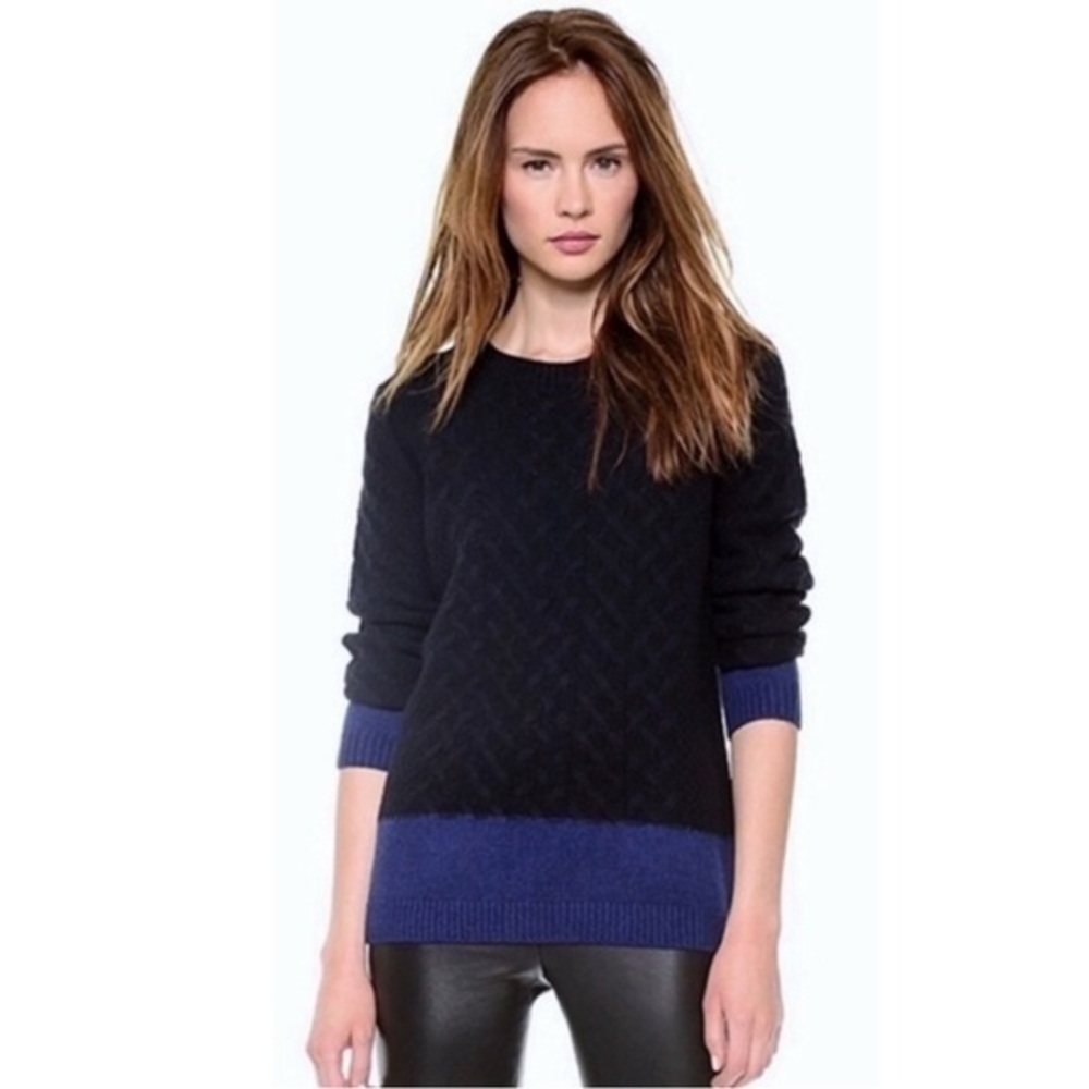 Vince Colorblock cableknit sweater oversized Black & Blue Wool Yak blend Sz XS